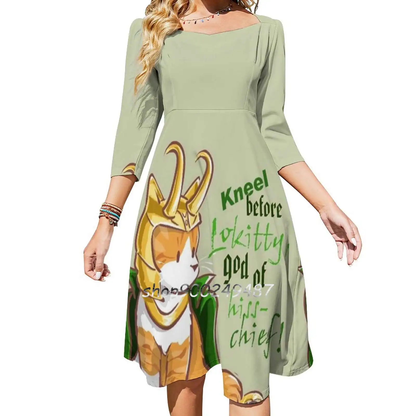 Kneel Before Lokitty! ( Chibi Version ) Flare Dress Short and Long Sleeve Dresses Fashion Printed Dress Tty God Of Hisschief