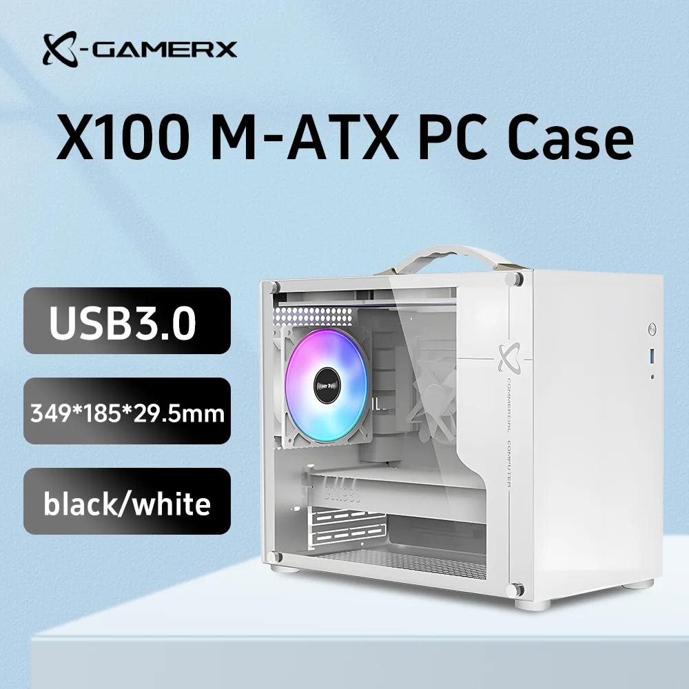 PowerTrain X100 White ITX Chassis Desktop PC CASE Portable Laptop Host MATX Mini Side Glass Support Graphics Card Length 335MM