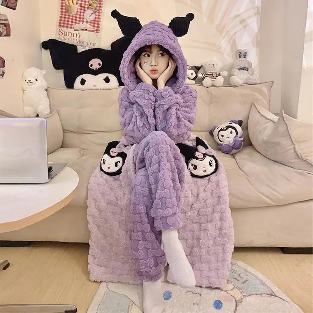 Sanrioed Cinnamoroll Kuromi Women's Nightgown Suit Anime Thickened Warm Coral Velvet Pajamas Autumn Winter Plus Fleece Homewear