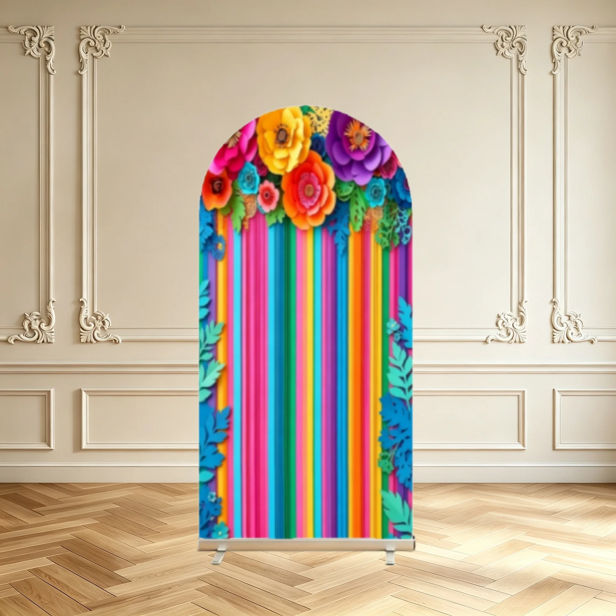 Mexican Fiesta Arch Backdrop Cover Rainbow Stripe Colorful Floral Flower Fiesta Carnival Party Decoration Arch Cover Background