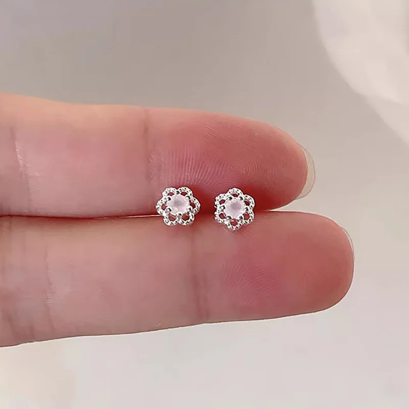 Sweet Temperament 925 Sterling Silver Pink Crystal Hollowed-out Small Flower Stud Earrings for Women Korean Jewelry Accessories