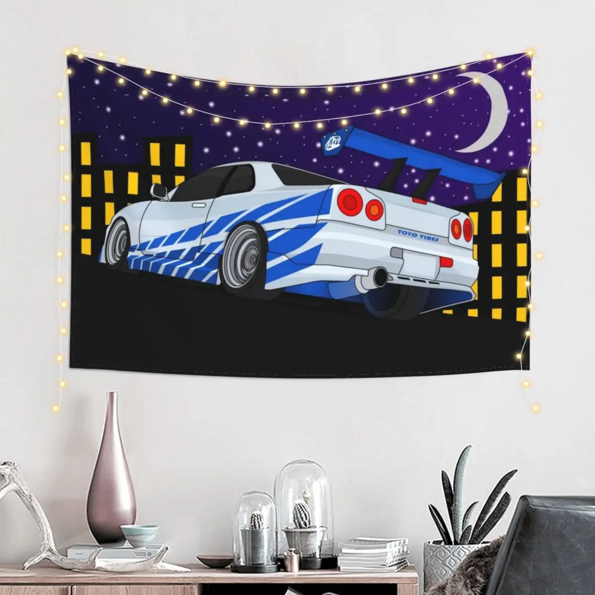 2 Fast 2 Furious R34 Skyline scene Tapestry Wall Hanging Wall Room Decore Aesthetic Home Decorating Home Decoration Tapestry