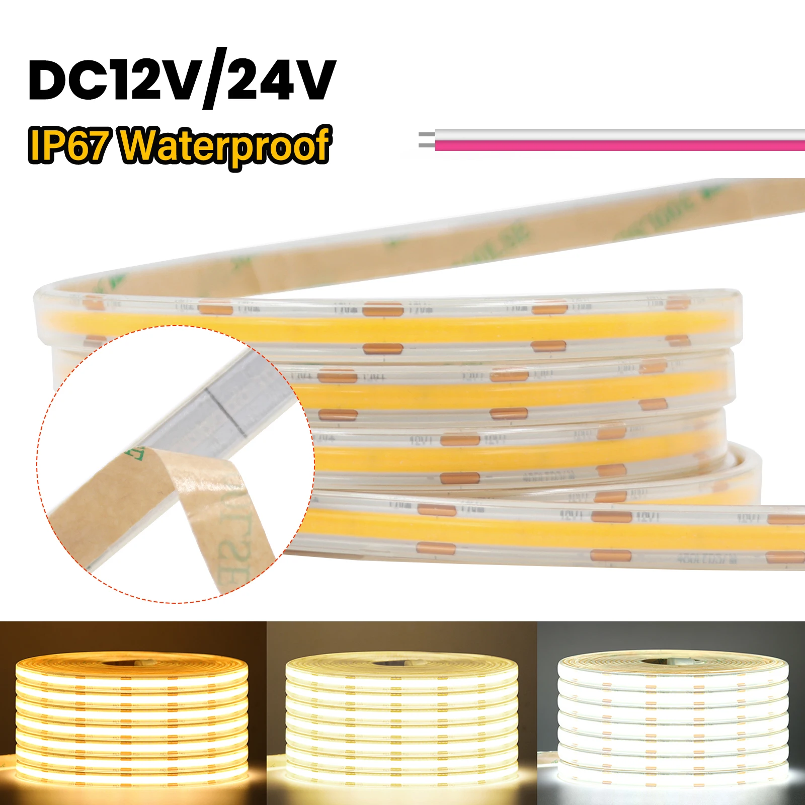 

COB LED Strip Light 480LEDs/m High Density Flexible Tape Adhesive Ribbon Waterproof 3000 4000K 6000K Led Lights DC12V 24V