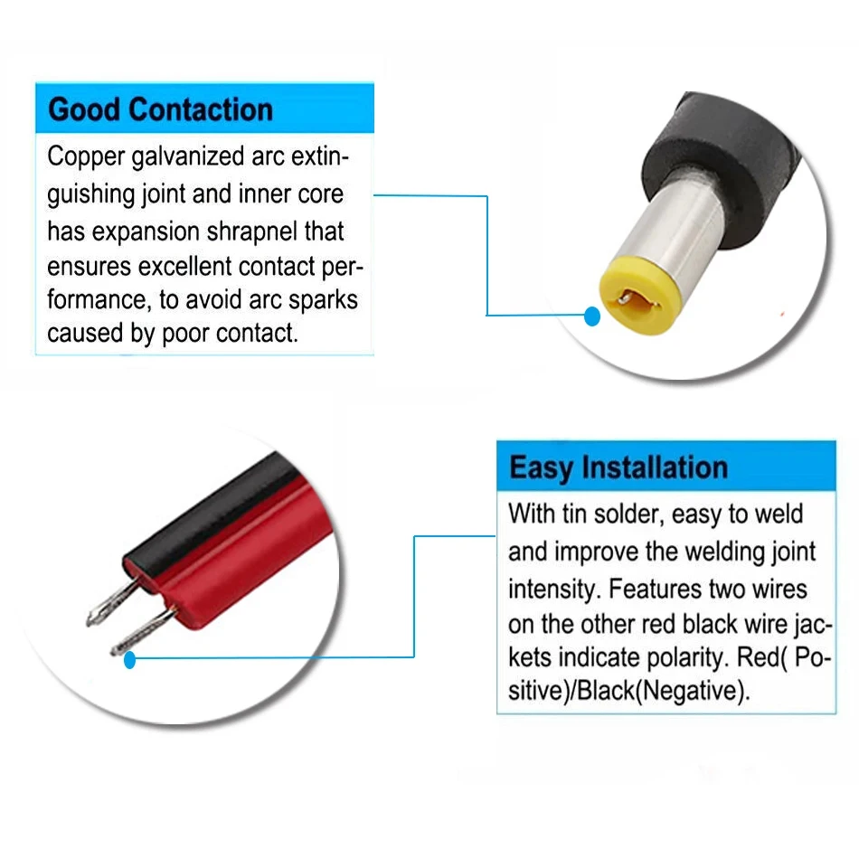 18 AWG DC connector 5.5X2.1mm 2.5mm Power Pigtail Cable Jack Male Female connector 30cm Wire For LED strip light CCTV Cameras image 5