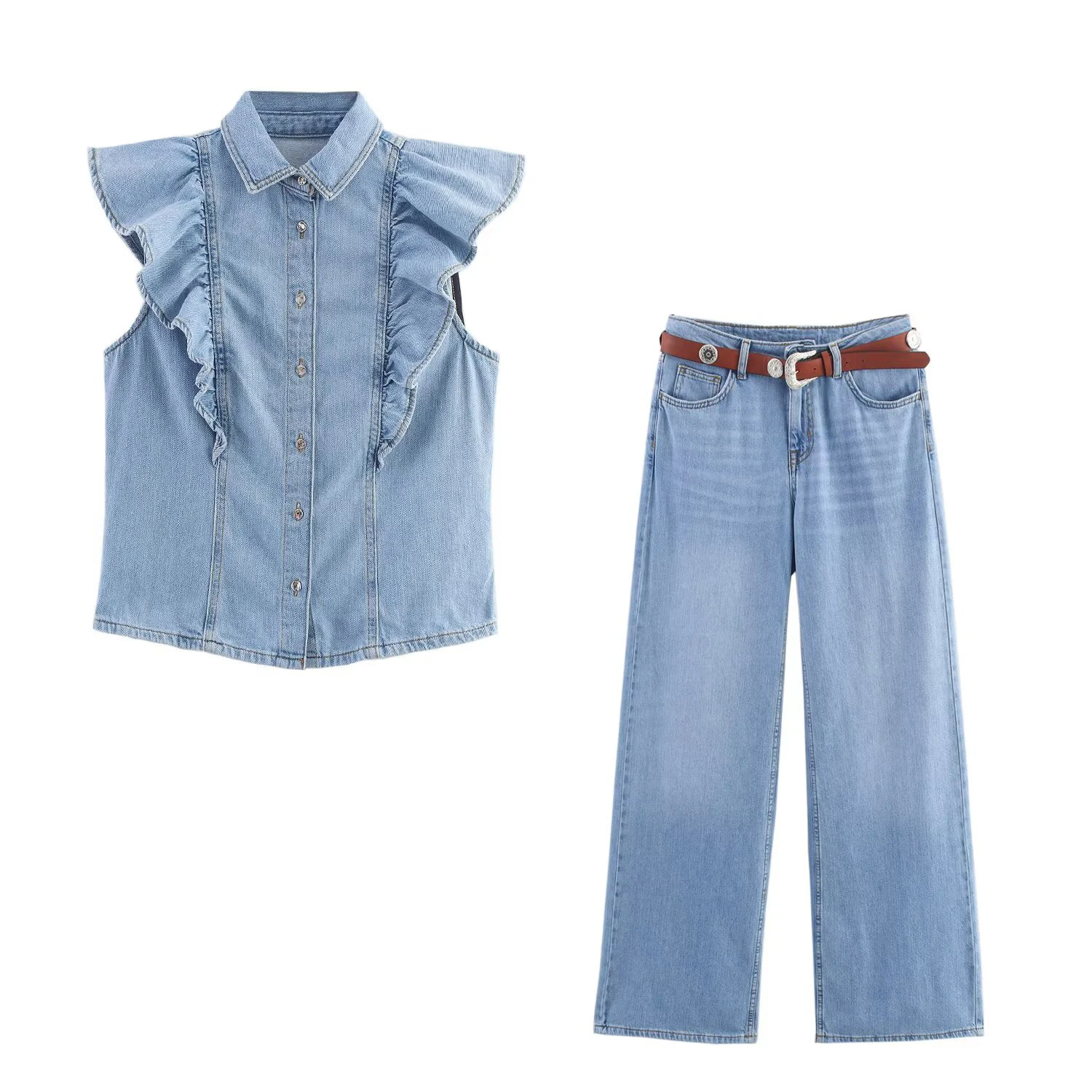 

Women's European and American style layered denim vest top with belt high waisted straight leg jeans set
