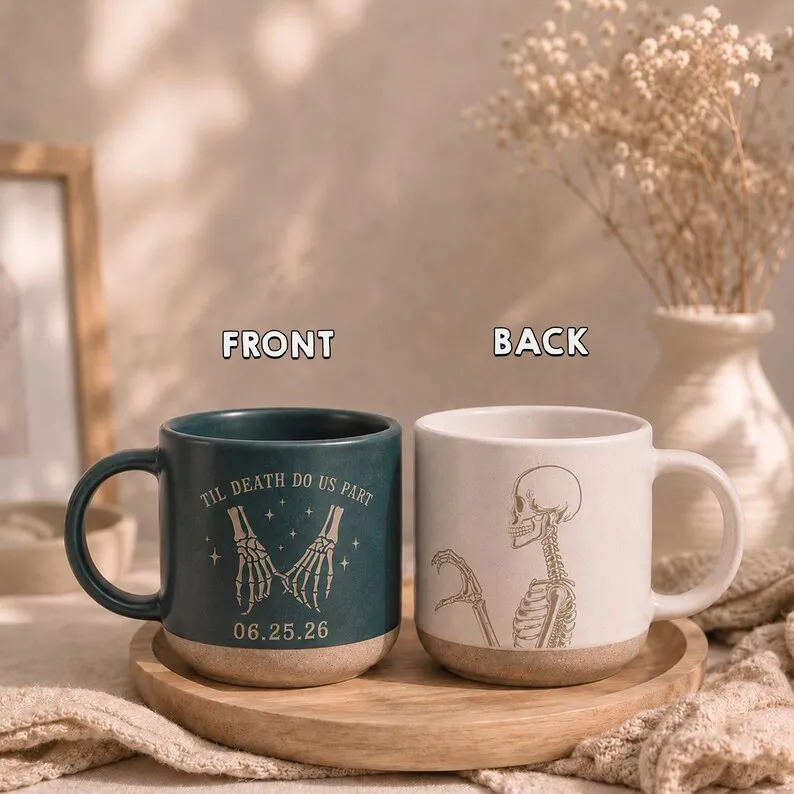 Custom Engraved Skeleton Couple Ceramic Mug Til Death Do Us Part Gothic Halloween Lovers Pottery Coffee Cups Personalized  Gift