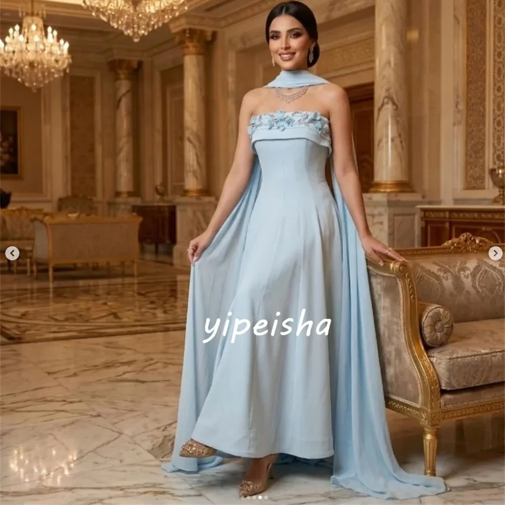 Customized Blue Exquisite Fashion Jersey Flower Beading Sequined Shawl A-line Strapless  Ankle Length Evening Dresses Formal