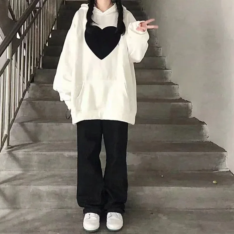 

Женские спортивные комплекты, весеннее новое поступление, свободные модные простые толстовки в консервативном стиле, милые шикарные толстовки с принтом сердца + повседневные брюки, универсальные