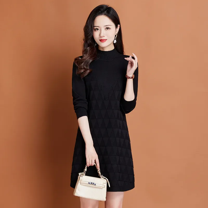 

Осенне-зимняя новинка: шикарная вязаная юбка и модная свободная базовая вязаная кофта с воротником-стойкой средней длины для женщин больших размеров, универсальная модель.