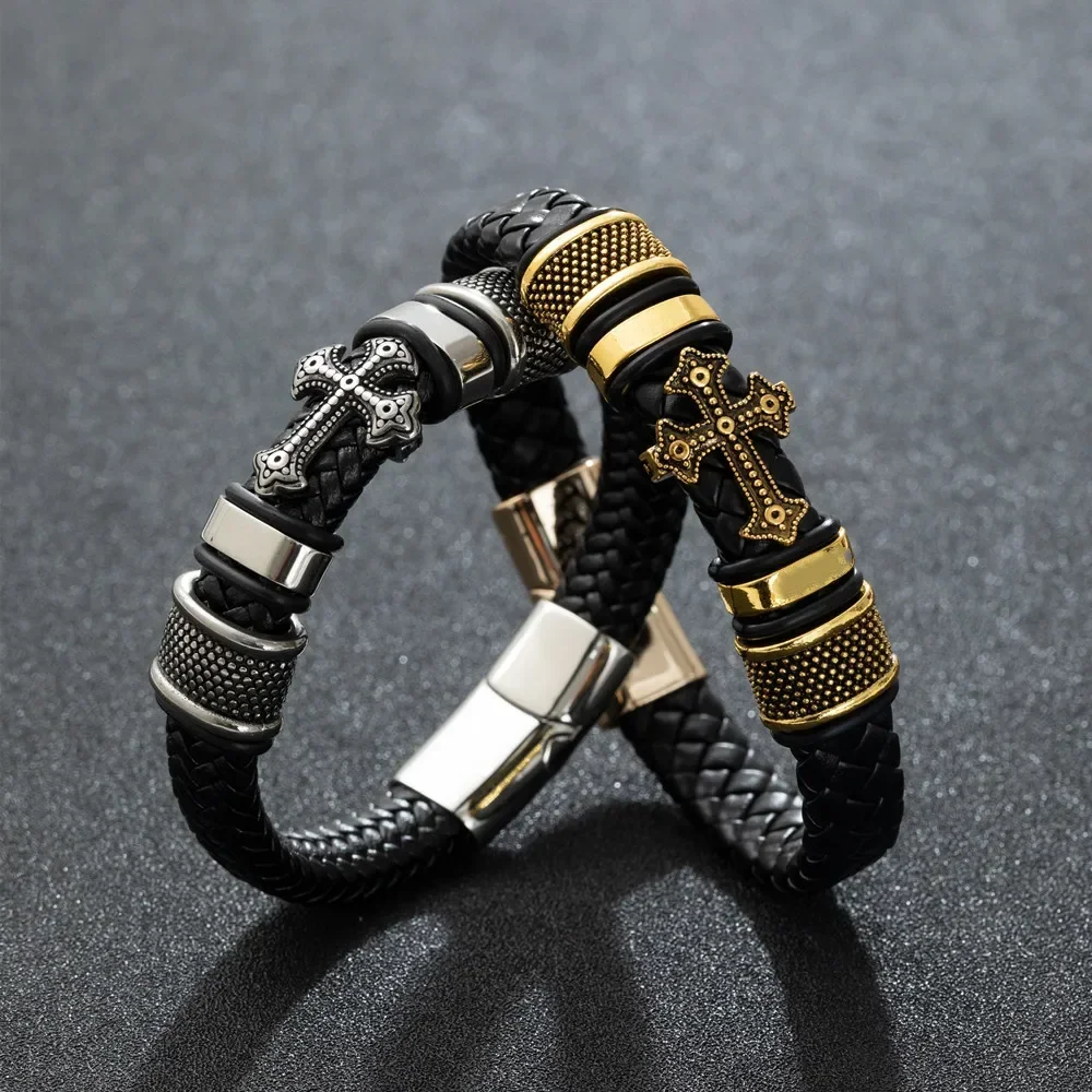 Men\\\\\'s Classic Black Leather Bracelet Metal Magnetic Buckle Fashion Bracelet Jewelry Casual Daily All-Match Jewelry