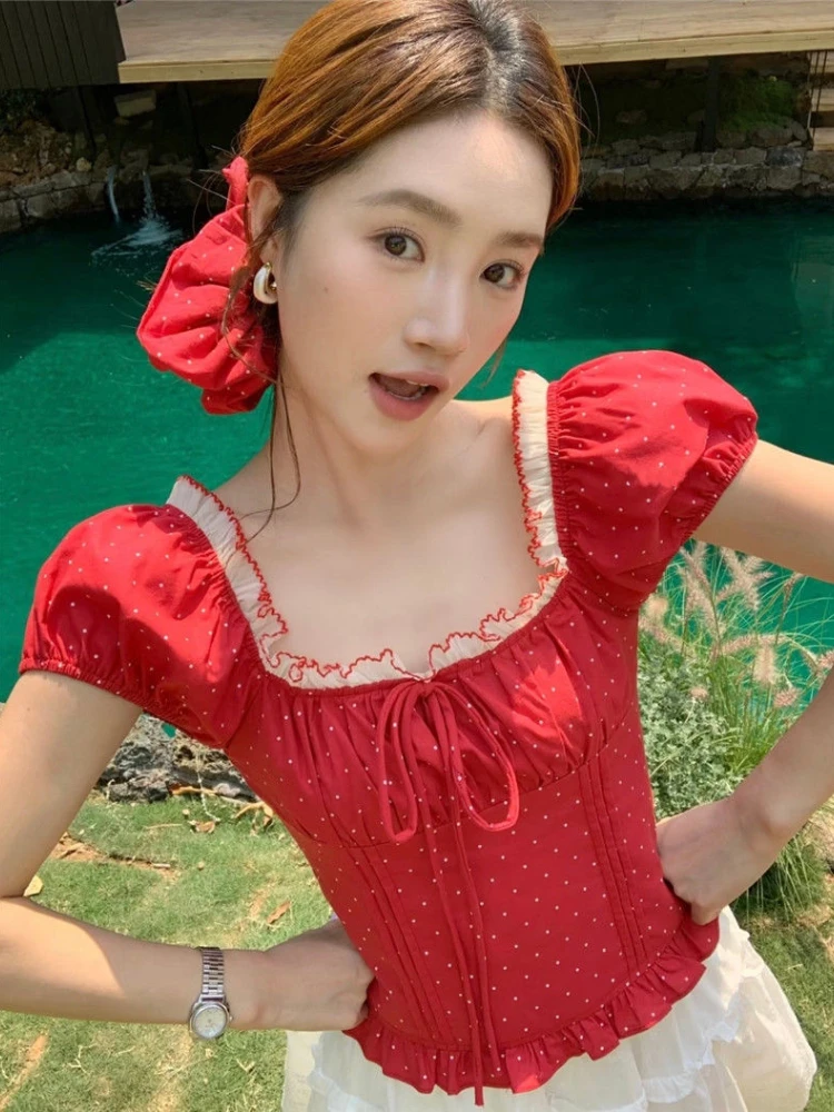 2025 여성용 스윗 탑 블라우스, 스퀘어 칼라 퍼프 소매 튜닉 셔츠, 빈티지 물방울 무늬 붕대 리본 여름 블라우스