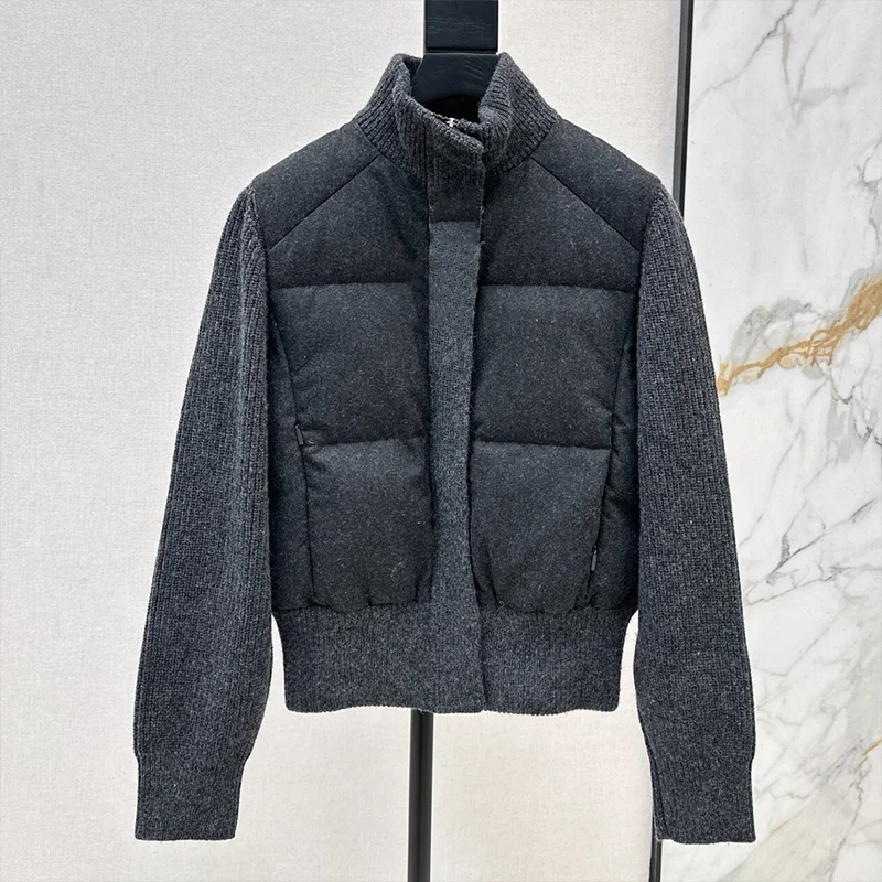 고품질 니트 울 소매 스탠드업 칼라 퀼팅 다운 재킷 여성용 코트 겨울 의류 25100905