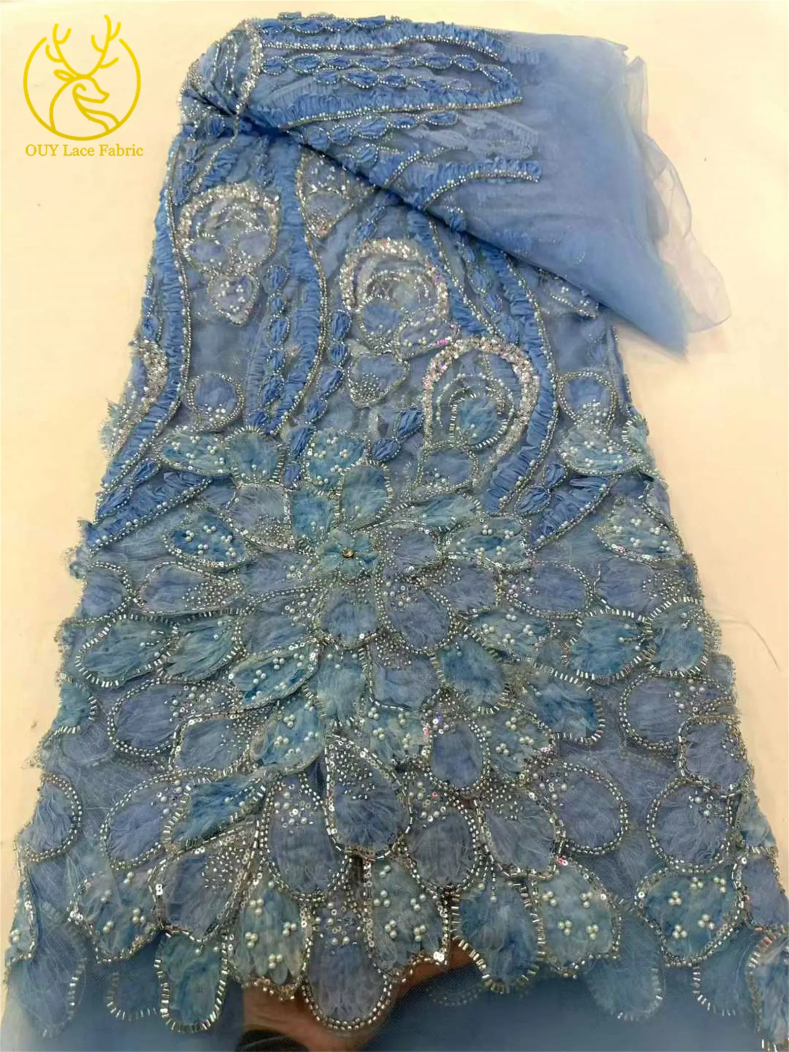 3D Afrikanischer Perlen-Pailletten-Spitzenstoff 2026 Französischer Nigerianischer Tüll-Spitzenstoff für Brautkleider-Materialien – Detail 10