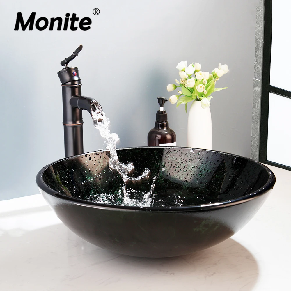 

Monite Green Tempered Glass Sink Washbasin Lavatory Bamboo Waterfall Soild Faucet Retro Bathroom Sink Combine Faucet Mixer Tap