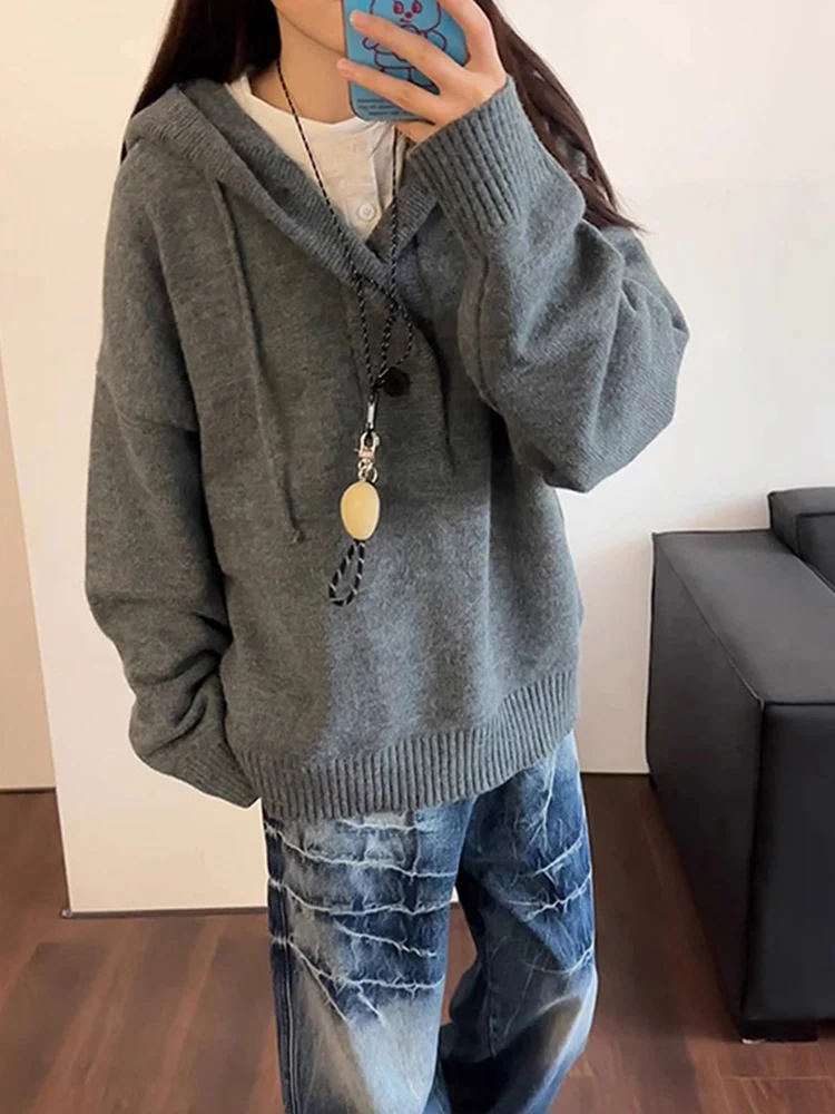 

Мужской вязаный свитшот оверсайз с капюшоном, осенне-зимний, в американском стиле, свободный крой, трендовая верхняя одежда