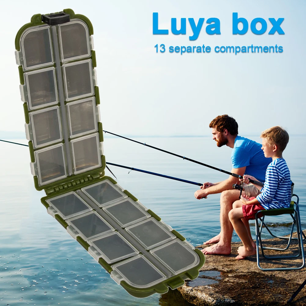 Mehrzweck-Angel-Aufbewahrungsbox mit 13 Fächern, rechteckiger Angelkoffer, großes Fassungsvermögen, doppelseitiges Angelausrüstungszubehör