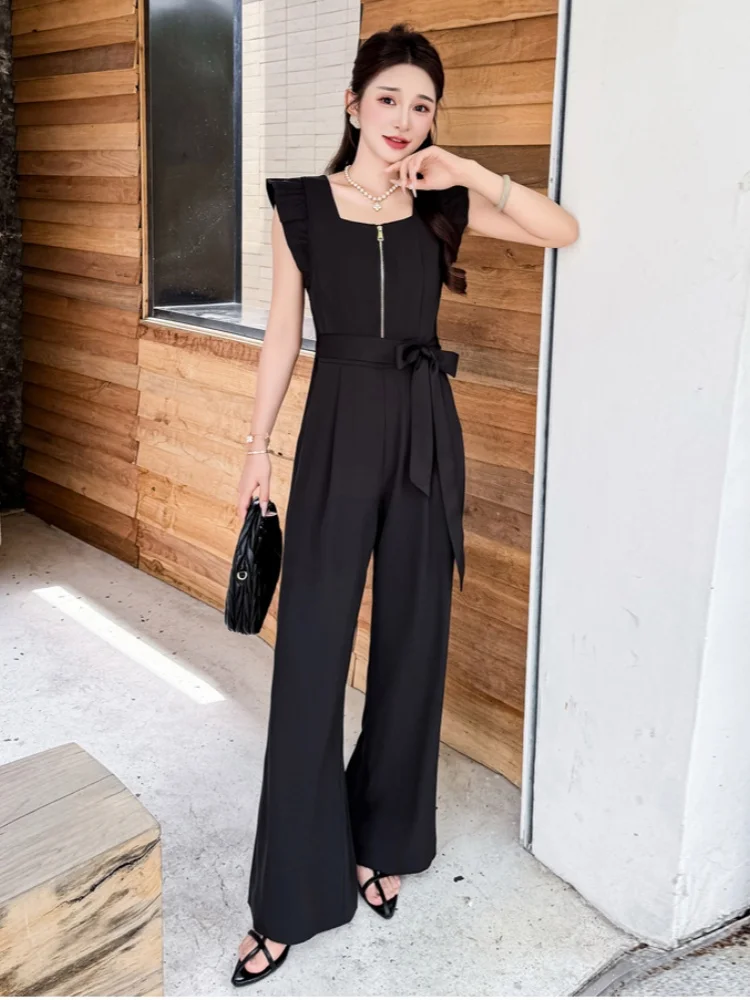 Monos de verano para mujer, peleles negros con mangas voladoras y cuello cuadrado, moda informal con cordones y cremallera frontal, ropa de calle general