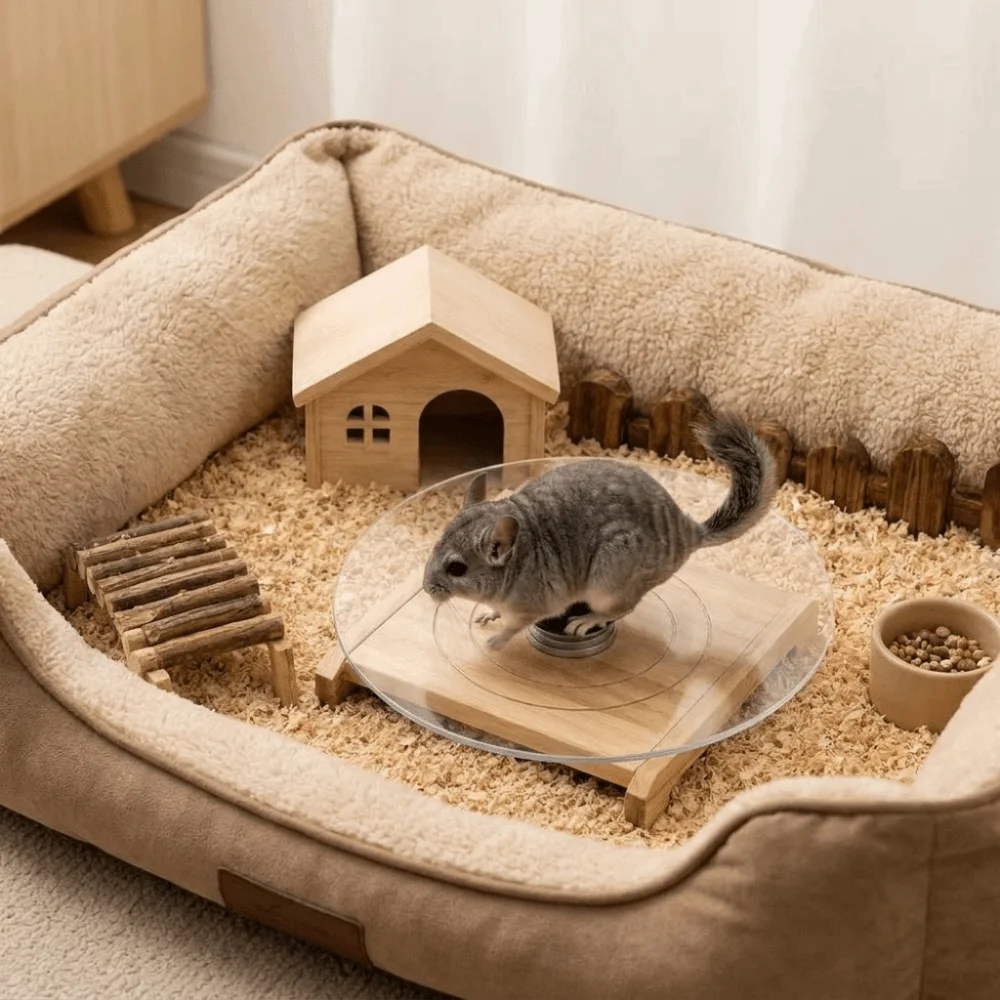 Glass Hamster Running Wheel Long-Lasting Stable Chinchilla Running Plate Silent with Wood Base Small Animal Health Runner