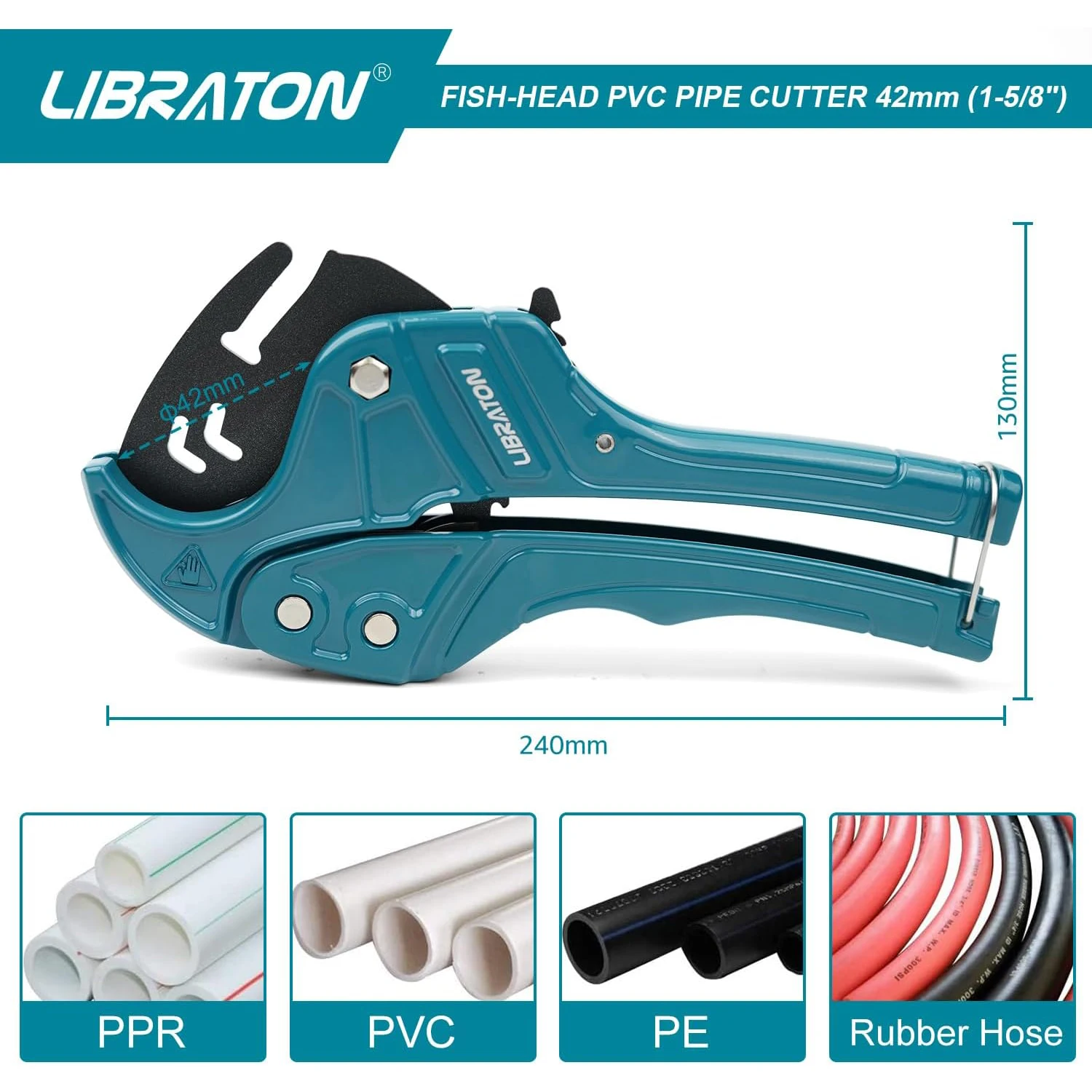 Libraton PVC Pipe Cutter 1PC Up to 42mm, Fish-Head Ratchet PEX Cutter, Heavy-Duty Plastic Pipe Cutting Tool for Hoses & Plumbing