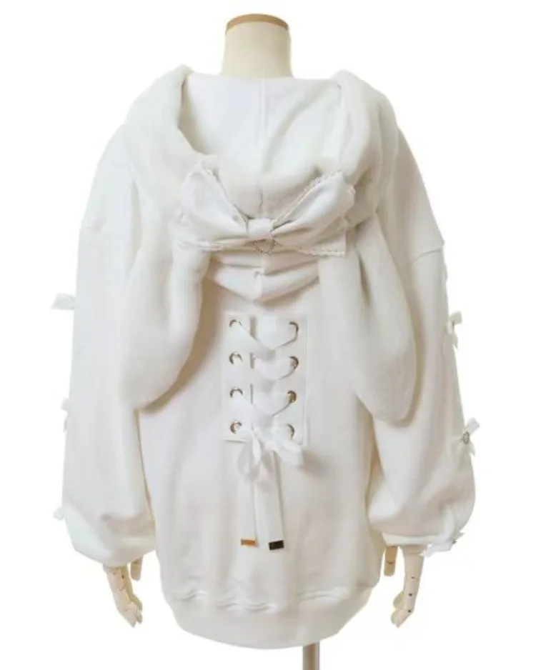 

Mid-length Simple Lovely Hoody Hoodies Japan Drawstring Rabbit Ears Gentle Women Clothing Bow Gentle Loose Premium Sweatshirts