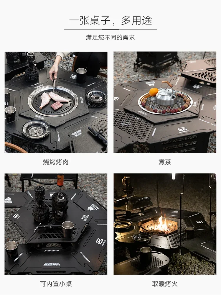 Outdoor stove, tea making table, camping multifunctional hexagonal round wooden table, barbecue camping, detachable and foldable