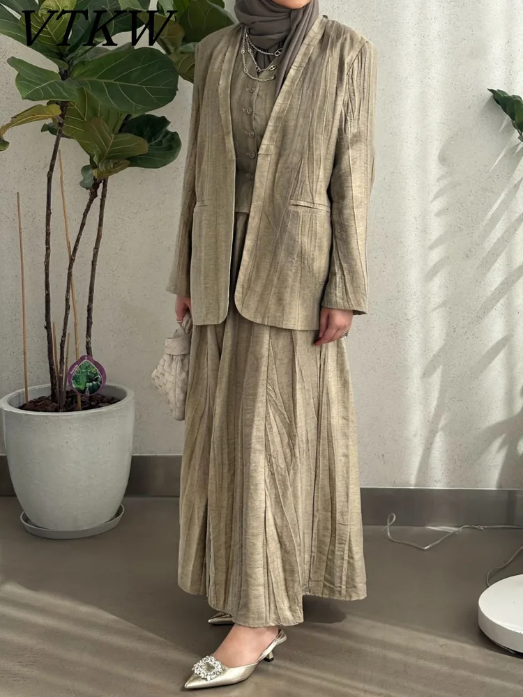 

VTKW DFDG 2025 Spring V-Neck Hidden Button Blazer & Waistcoat Wide Leg Pants Set Street Three Piece Suit Stretch Workwear Casual