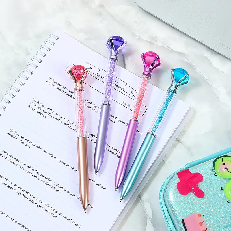 10Pcs/Lot Cute Large Diamond Ballpoint Pen Colored Crystal Neutral Oil Pen Blue Ink School Office Stationery Imitation Metal Rod