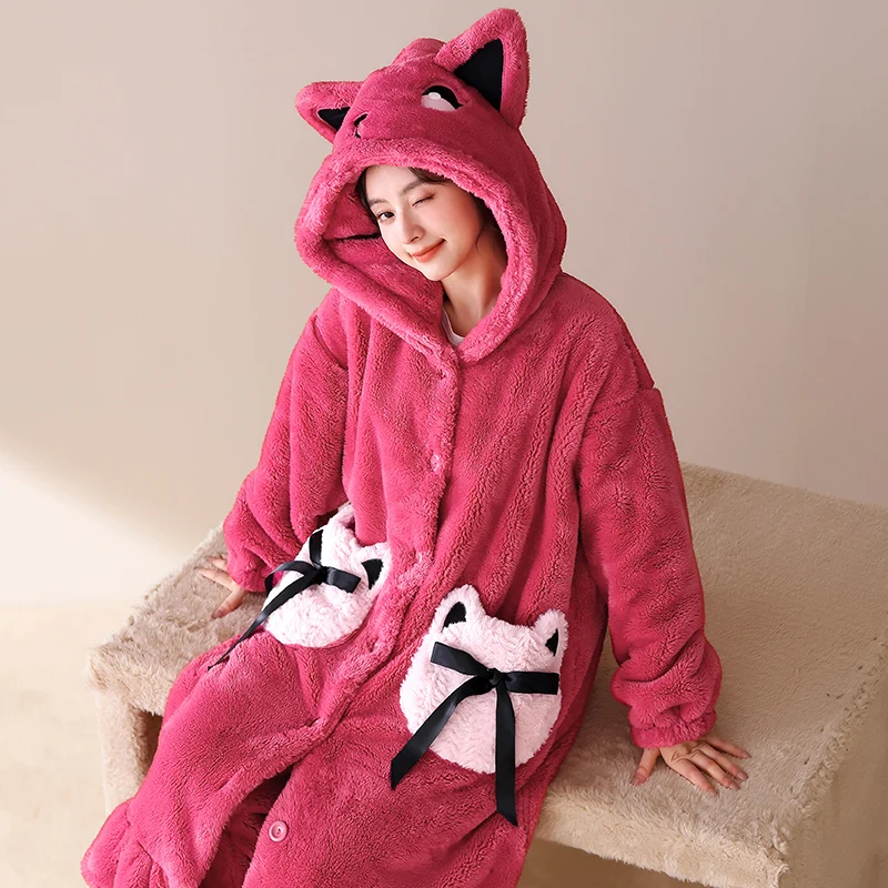 Plus Size Coral Velvet Sleepwear Women's Winter Pajamas Trousers Sets Warm Fleece Hooded Bathrobe Pajama Sets Robe Pijama Kimono