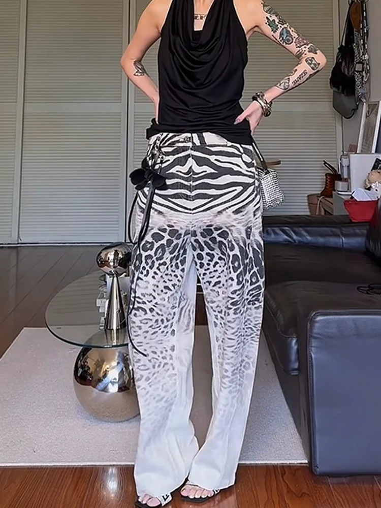 

Retro American Design Printed Distressed High Waist Loose Women's Jeans Summer Wide Leg Floor Length Pants