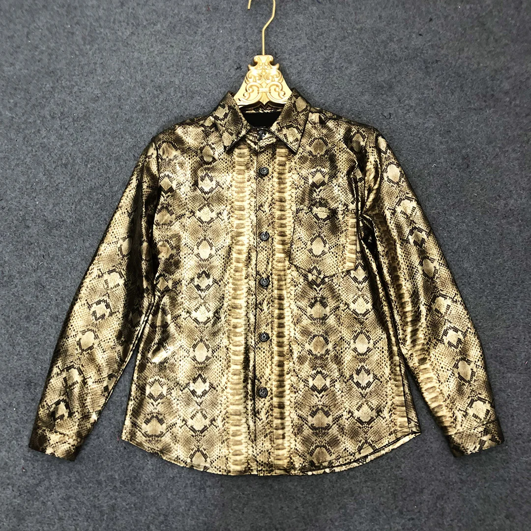 

Men's Boutique Gold Snake Print Leopard Print High Gloss Face Shirt Slim Fit Large Nightclub Bar Sexy Shirt Performance Suit