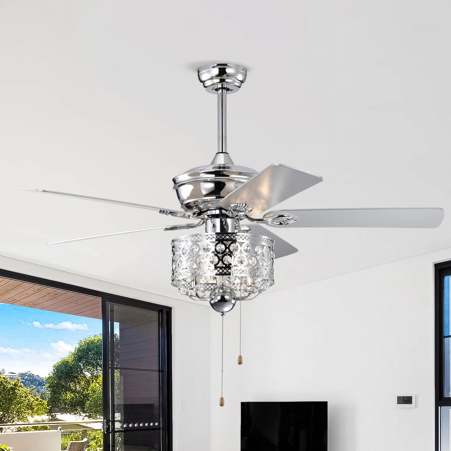 

52" Ceiling Fan with Reversible AC Motors, Chrome Finish - Pull Chain (Bulb Not Included)