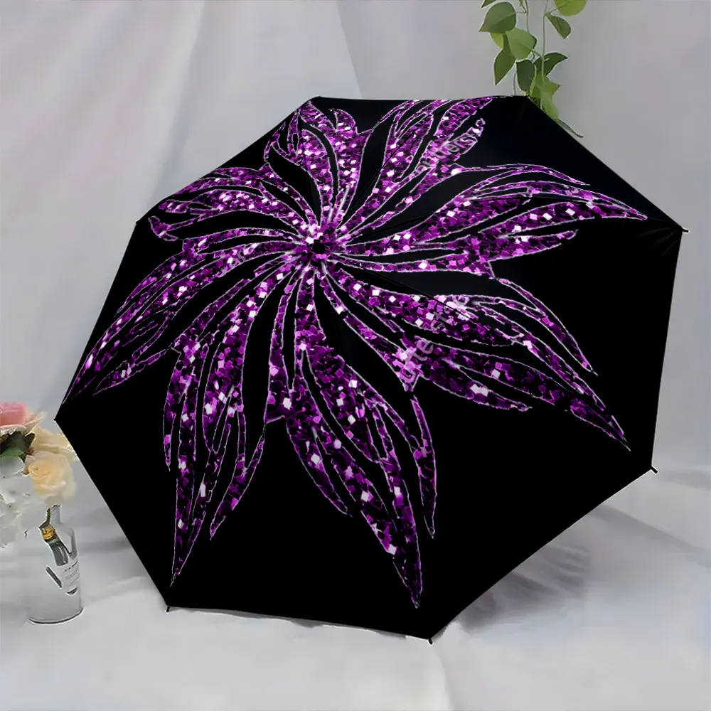1PC Elegant Umbrella with Purple Petal Design on Black Canvas Print 8 Iron Ribs Folding Umbrella Auto-Open Fashion Sunshade