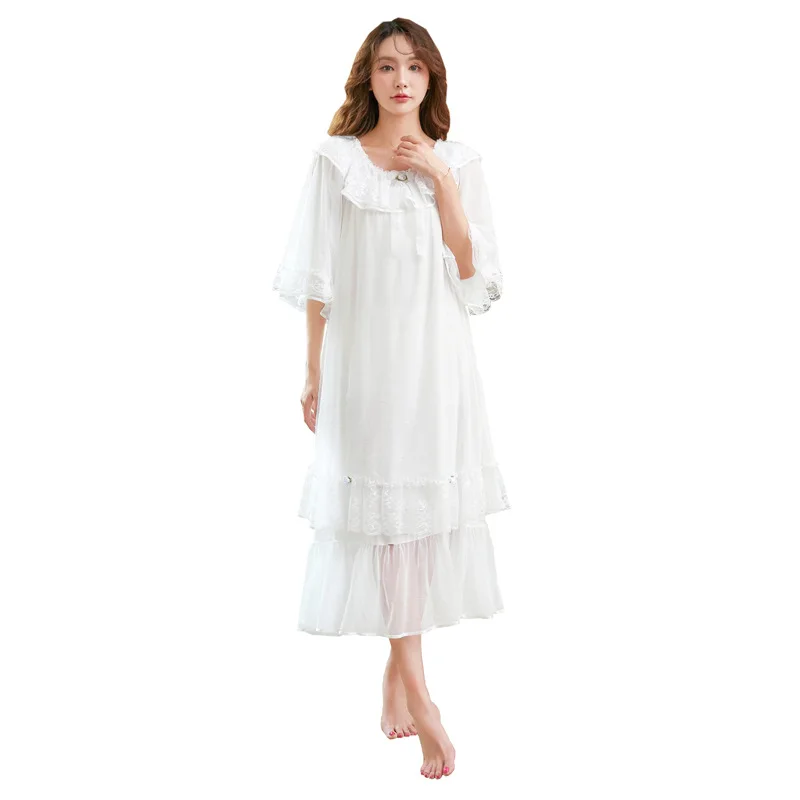 Women Long Nightgowns Solid Round Collar Half Sleeve Modal Gauze Ruffles Loose Retro New Chic French Palace Princess Nightdress