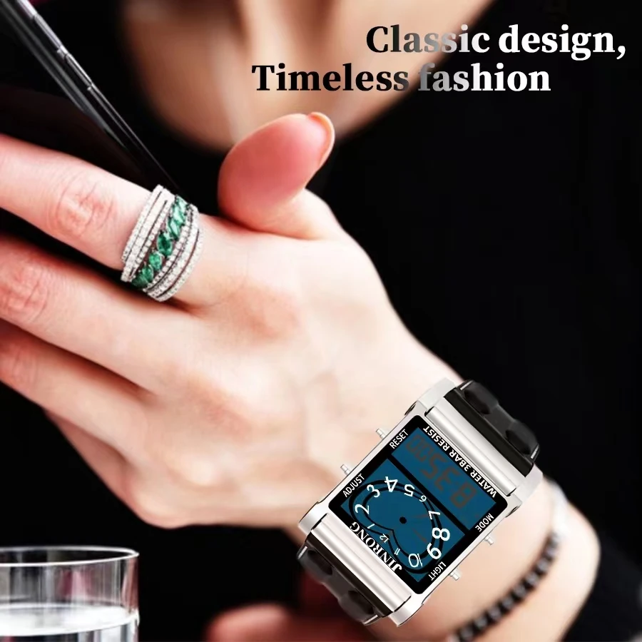 남녀 공용 패션 스포츠 크로노그래프 시계, 디지털 및 포인터 듀얼 디스플레이, 30M 방수, 아연 합금 직사각 케이스