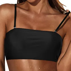 Women's Removable Shoulder Strap Swimwear Tops Strapless Bikini Tops Lace Up Swimjupmsuit Solid Color Tube Top Swimsuit Blouse