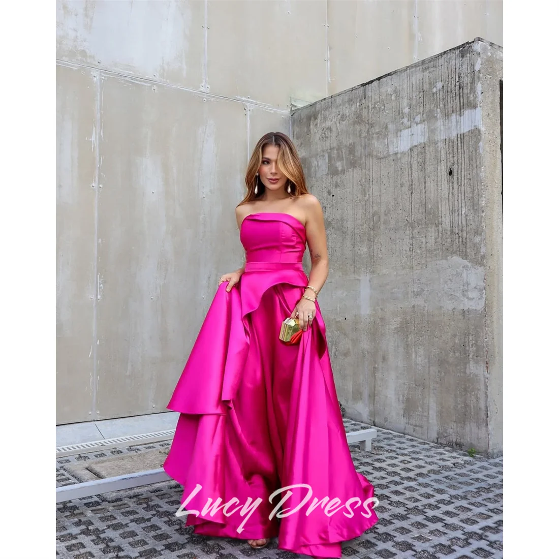 

Lucy Satin Strapless Pink Ball Gown Evening Dress 2026 Prom Dress Glamourous Custom Made Formal Evening Draped Customized
