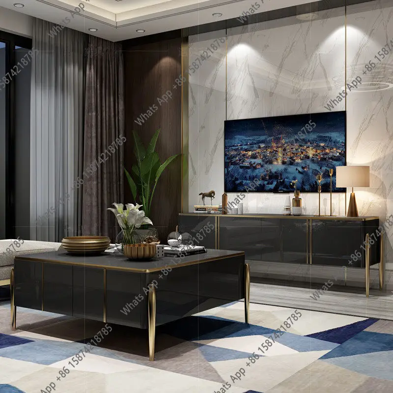 

Hong Kong-style light luxury style TV cabinet combination modern stainless steel small apartment long living room coffee table
