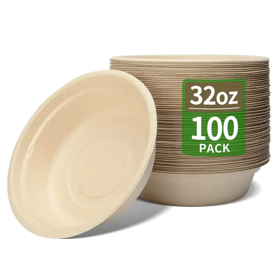 

100 Pack 32 oz Large Round Paper Bowls for Salad, Pasta, Burrito, Lunch and Snack, Heavy Duty 32 oz Disposable Bowls for Party a