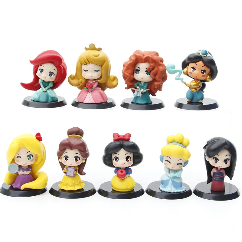 9Pcs/Set Cartoon Princess Action Figures 7CM Snow White Mermaid Tangled Belle Mulan Anime Figurines Decoration Toys For Kids