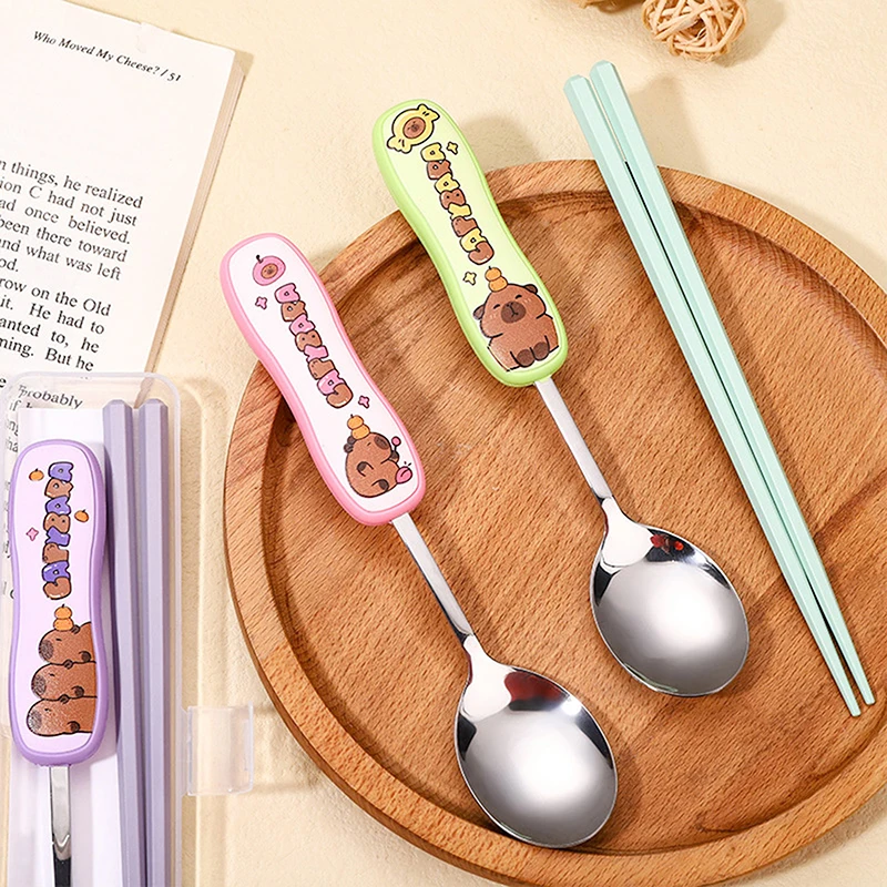 1 Set Kawaii Kapibala Spoon And Chopstick Suit Cartoon Portable Tableware Gift Cute Child Stainless Steel Spoon Silicone Handle