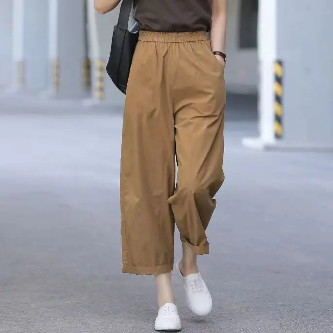 Cotton Eight Part Wide Leg Casual Pants For Women In Summer Versatile Literature And Art Loose Solid Color Thin Cargo Pants