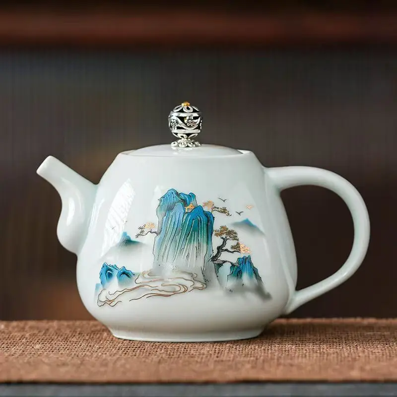 Painted Persimmon Teapot Landscape Beauty Tea Pot Ceramic Gongfu Light Luxury Tea Brewing Single Teapot for Household Use