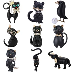 Rhinestone Black Cat Brooch for Women Unisex Enamel Elephant Animal Pin Crow Lapel Pins Banquet Party Backpack Gifts Accessories