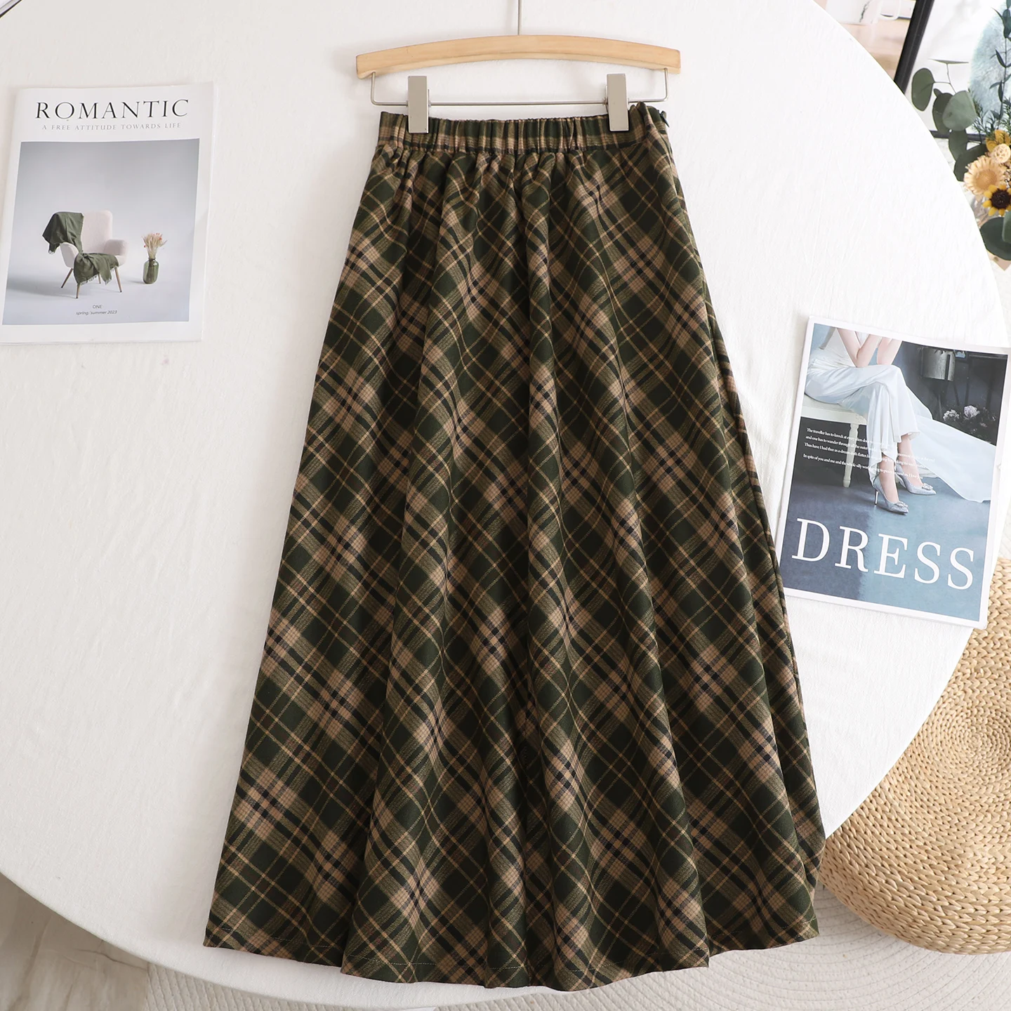 Francês retro xadrez verde a linha saia feminina elegante harajuku preppy cintura alta cabido meados de comprimento queimado guarda-chuva saia outono