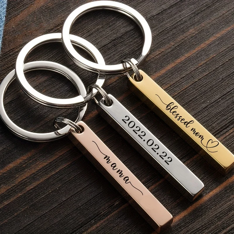 Customized Name Key Chain for Women Men Stainless Steel Bar Key Ring Personalized Phone Number Car Key Chain Holder Anti Loss