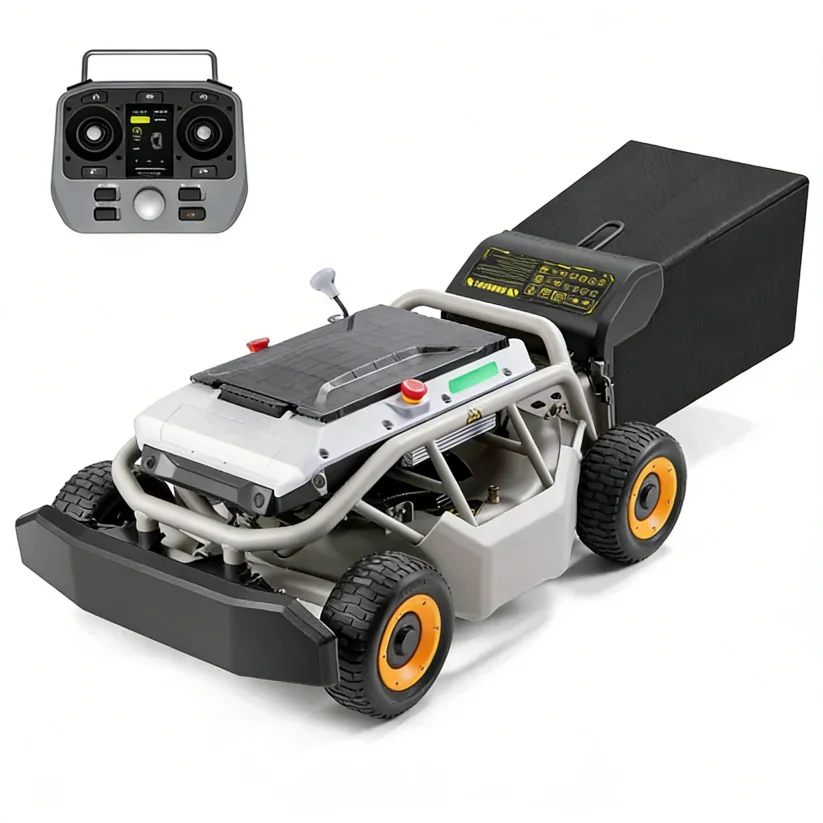 

Индивидуальная газонокосилка Mowrator S1 с дистанционным управлением, 4WD, 75% 37 ° Газонокосилка для крутых склонов (версия с широкими колесами)