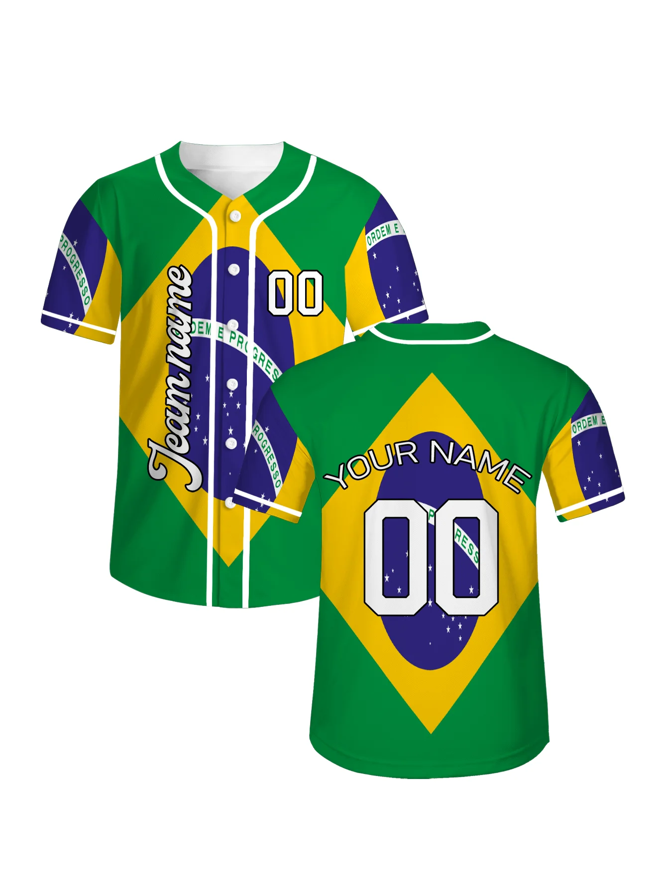 Brazil Flag Baseball Jersey - Custom Name & Number