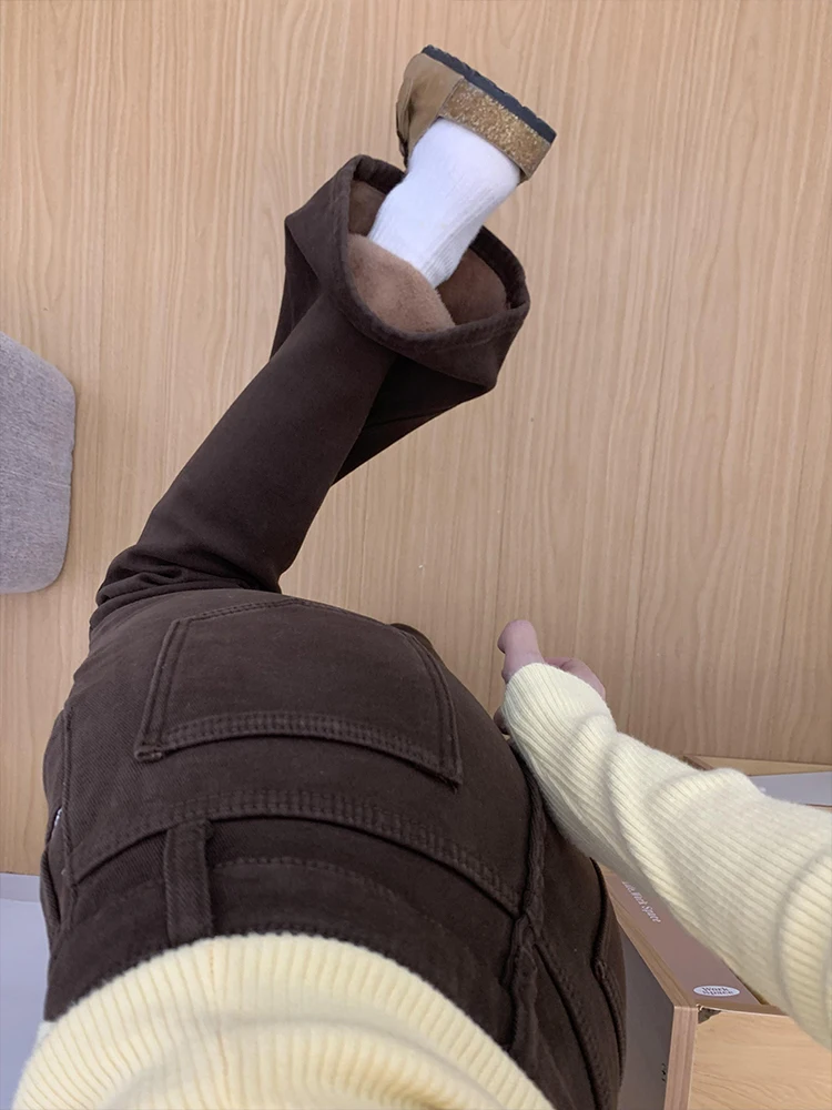 

Cafe Brown Fleece Lined Wide Leg Jeans Women's High Waist Slimming Small Size Flared Pants Autumn Winter New Arrival