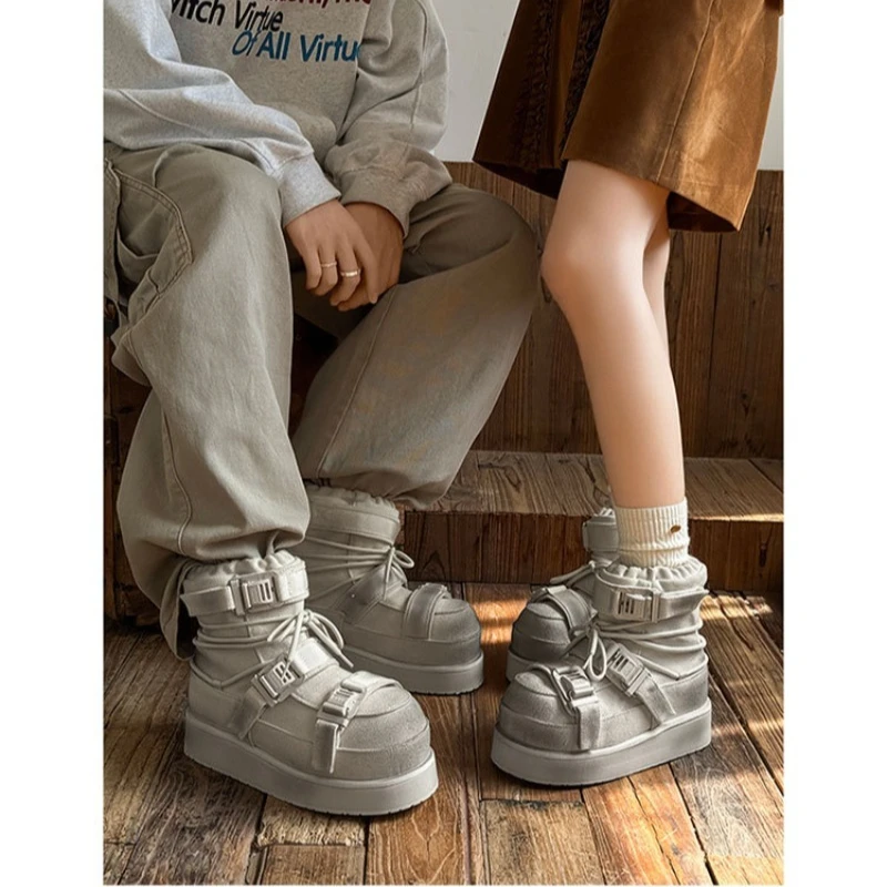 Distressed High‑Top Hidden Wedge Canvas Boots Buckle Lace‑Up Platform Sole Winter Plush Lined Unisex Street Boots Size 36‑44