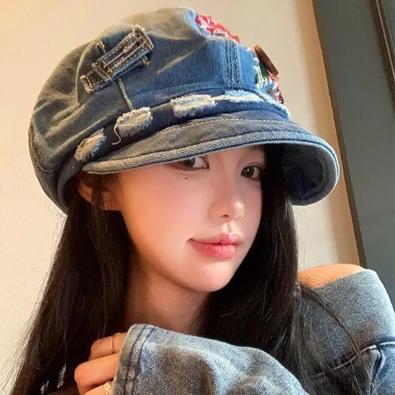 270D زر ستار مرقعة قبعة بيريه للنساء تنفس قبعة أجرة 2000s فتاة المتعثرة الرسام قبعة فاسق أغطية الرأس يوميا